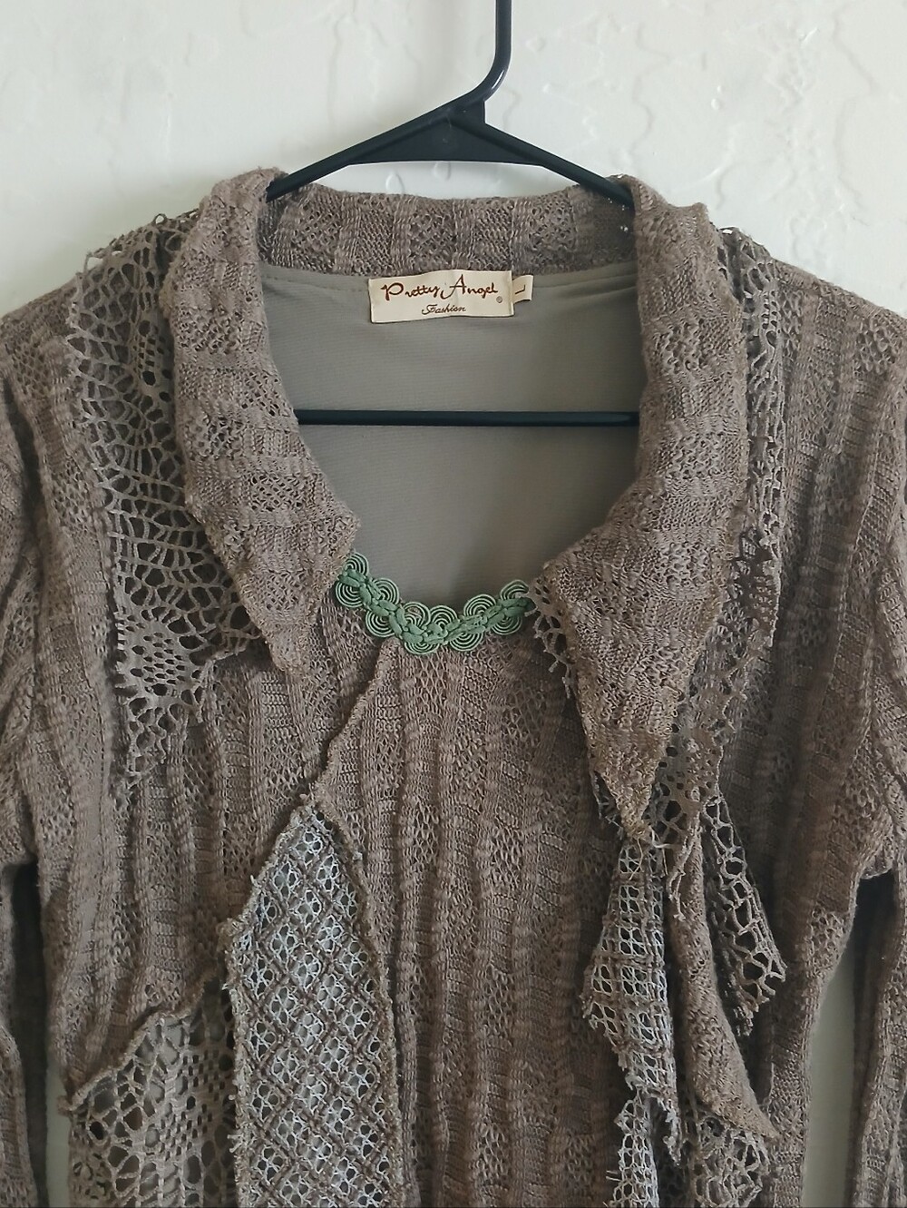 PRETTY ANGEL Mixed Media Goblincore Bell Sleeve Top Women's L Brown Crochet - Picture 5 of 8